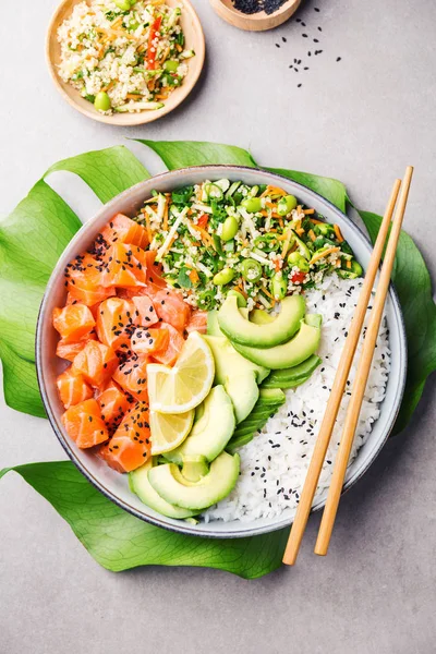 Tasty Appetizing Poke Bowl Salmon Avocado Rice Salad Edamame Grey — Stock Photo, Image