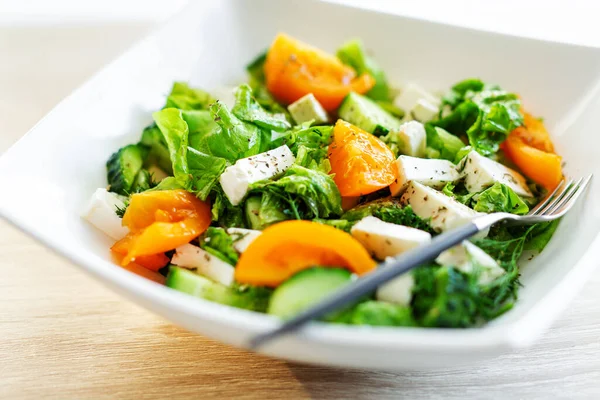 Tasty Fresh Salad Cheese Yellow Tomatoes Served Bowl — Stock Photo, Image