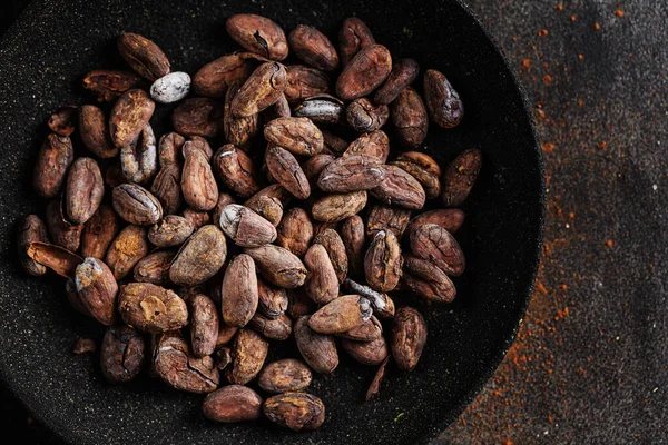 Raw cacao beans with cacao powder on plate. View from above.