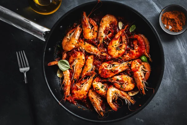 Fried Shrimps Sauce Pan Closeup — Stock Photo, Image