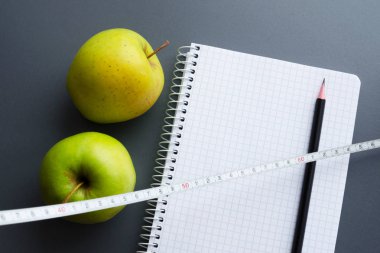 elma boş not defteri ve kalem ile