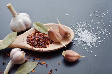 Pul Biber, karanfil sarımsak, defne yaprağı ve deniz koyu gri arka plan üzerinde tahta kaşık tuz baharat
