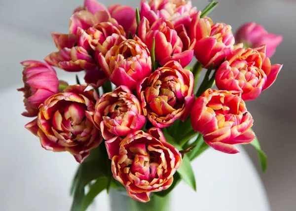 Pink spring tulip flowers bouquet in vase. Top view. — Stock Photo, Image