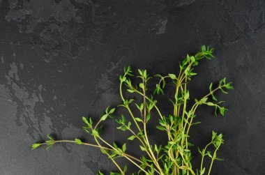 Kekik filizleri koyu taştan arka planda toplanır. Aromaterapi ve yeşil yaşam konsepti. Üst görünüm, alanı kopyala.
