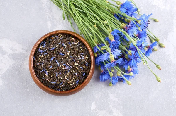 Gyógynövény Tea Keverék Szárított Búzavirág Szirmok Friss Virágok Csokor Szürke — Stock Fotó