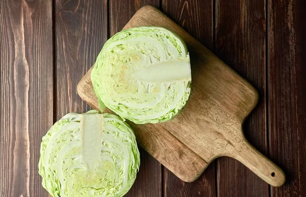 Halved Fresh Cabbage Head Top View Rustic Wooden Background Food — Stock Photo, Image