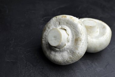 Siyah arkaplanda çiğ şampiyon mantarları. Vejetaryen gıda konsepti.