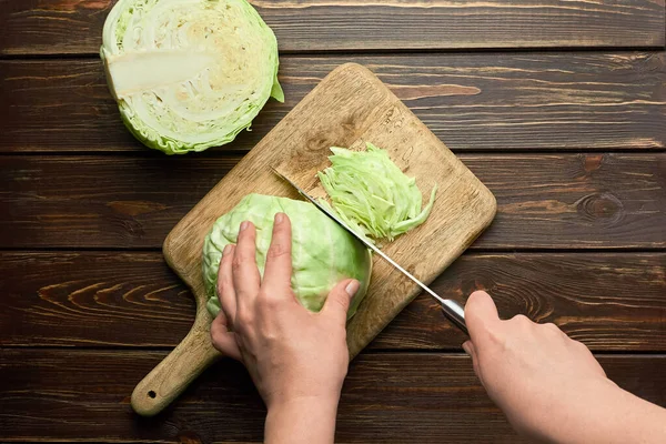 Hands Shredding White Cabbage Salad Wooden Cutting Board Dark Wooden — Stock Photo, Image