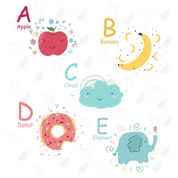 Vektör olarak komik karakterli şirin alfabe, A, B, C, D, E harflerini okumayı öğren. Çocuk kitapları için izole etiketler