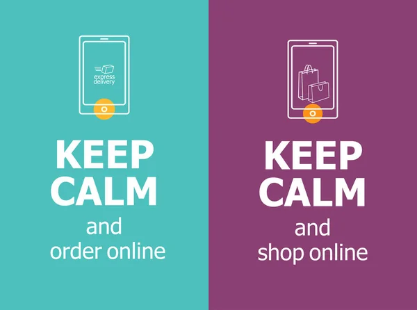 Web sitesi, sosyal medya ve uygulama için sakin ol. Telefon ikonu, alışveriş poşetleri ve ekspres teslimat mesajı. İşletme sanatı kavramını benimseyin ve evde kalıp, online alışveriş yapmayı isteyin.