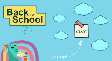 Evde eğitim afişi ve online eğitim için komik karakterler. İlkokul için web sayfası tasarım şablonu, çocuklar. Mavi arka planda okul malzemeleri