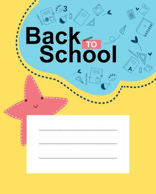 Sarı arka planda sevimli ve mutlu karakterli egzersiz kitabı kapağı. Okul malzemelerini özetle. Metin için bir alanı olan metin defteri