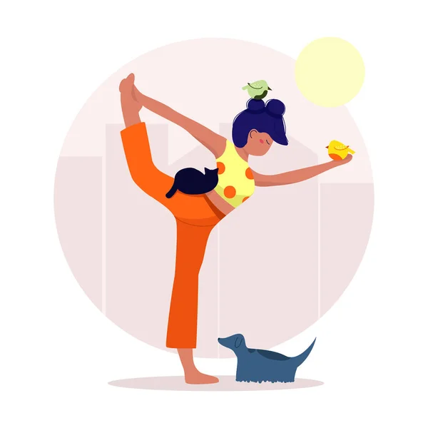 Evcil hayvanlarla evde yoga yapan komik kız. Kuşlarla, kedilerle ve köpeklerle meditasyon yap. Evde hayvanlarla antrenman. Nefes egzersizi. Vektör illüstrasyonu beyaz arkaplanda izole edildi