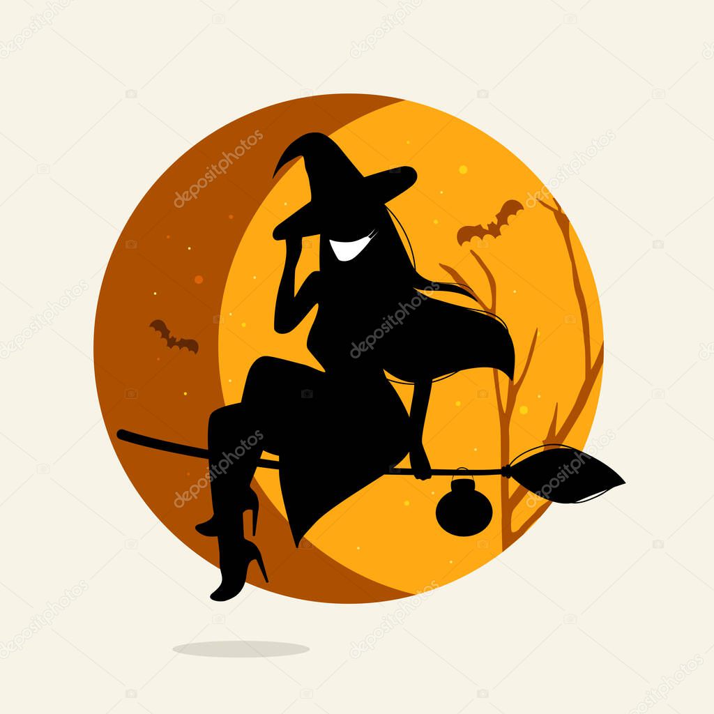 Silhouette of girl with long hair on the moon background. Fashion witch in medical mask. Prevents the flu and infection from the covid-19 during Halloween. Health care concept, trick or treat picture