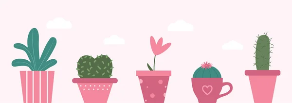 Cute Pink Background Cactus Pot Isolated Plant Clipart Stickers Scrapbooking — Stock Vector