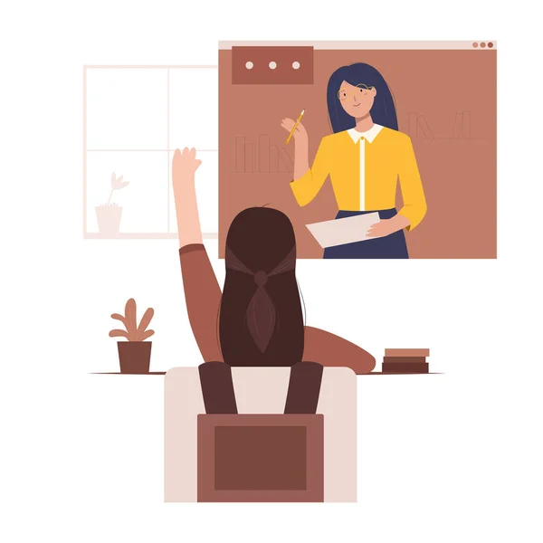 Çevrimiçi eğitim, kurs konsepti. Evde eğitim. Öğrenci ders ya da webinar videosu izliyor. Liseli kız cevap vermek için elini çekti. İzole vektör illüstrasyonu