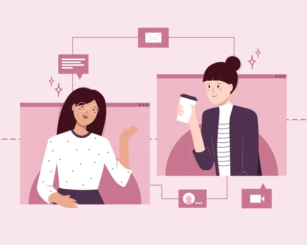 Videollamada Con Amigos Dos Chicas Hablando Bebiendo Café Por Aplicación — Vector de stock