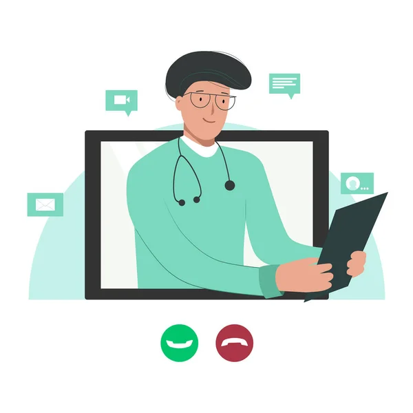 Çevrimiçi doktor, danışma. Gülen adam reçeteyi video konuşmalarıyla veriyor. Terapist hastayı çağırıyor. İnternet üzerinden tıbbi teşhisler. Tıp konsepti afişi, sağlık hizmetleri başvurusu