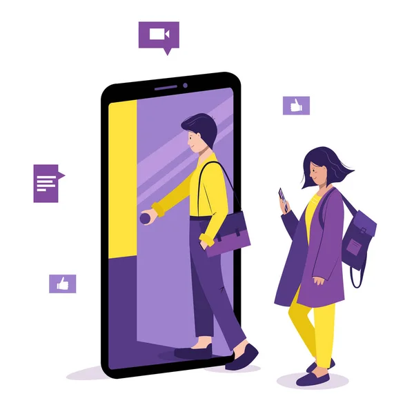 Çevrimiçi eğitim, kurs konsepti. Evde eğitim. Ders ya da webinar. Öğrenci telefon ekranındaki sınıfın kapısını açar ve içeri girer. Kız akıllı telefon kullanıyor. İzole vektör illüstrasyonu
