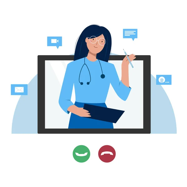 Çevrimiçi doktor, danışma. Gülümseyen kız video konuşmalarıyla reçete yazıyor. Terapist hastayı çağırıyor. İnternet üzerinden tıbbi teşhisler. Tıp konsepti afişi, sağlık hizmetleri başvurusu