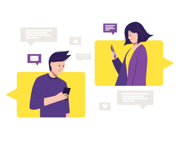 Online flört başvurusu, konuşma, haberleri paylaşma. Sosyal medya kavramı, sanal ilişki iletişimi. Gülümseyen adam ve kız telefonda sohbet ediyorlar. İzole vektör illüstrasyonu