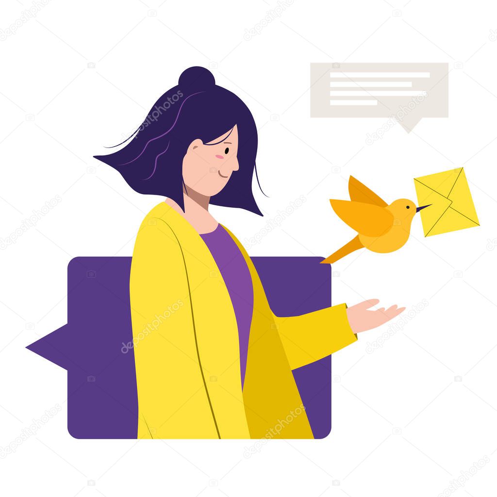 Online talking, chatting. Concept of sending and receiving messages, social network. Girl lets go of a bird with letter. Virtual relationships. Isolated vector illustration