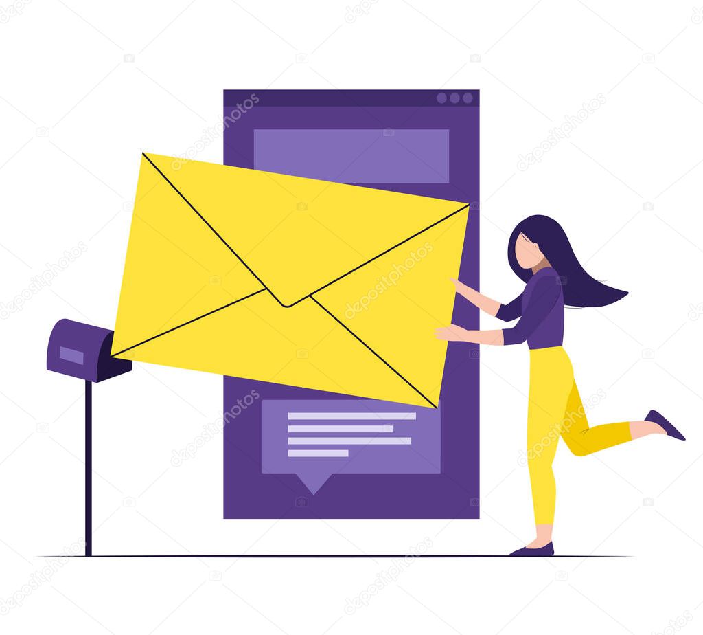 Sending a message, receiving mail. Online talking, chatting. Tiny girl puts huge letter in the postbox. Vector illustration for subscribe on the website