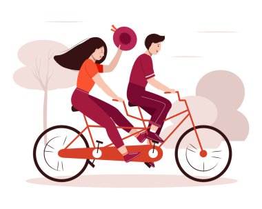 Mutlu çiftle iki kişilik bisiklet. Gülümseyen adam ve kız bisiklet sürmeyi seviyorlar. Parkta bisiklet sürmek. Yürüyüş, spor, seyahat. Şapka sallayan genç bir kadın. Aktif yaşam tarzı. İzole vektör illüstrasyonu