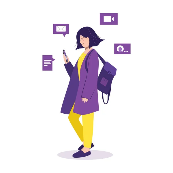 İnternette konuşuyor, sohbet ediyor. Sosyal medya kavramı. Genç kız telefonu kullanıyor, yürürken haberleri aktarıyor. Sırt çantalı, gezici interneti olan, boş zaman harcayan bir öğrenci. İzole vektör