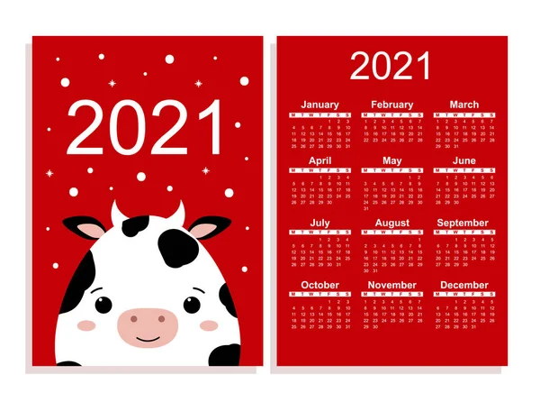 Cep takvimi 2021. 12 aylık planlamacı. Çin 'in yeni boğa yılı. Çizgi film tarzında şirin bir inek. Noel kapağı için kartpostal, hediye kartı, pankart. Komik hayvan. Düz vektör illüstrasyonu