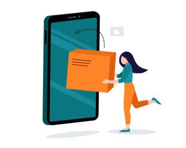 Çevrimiçi dağıtım servisi. Cep telefonuyla hızlı ulaşım paketi. İzleme emri. Akıllı telefondan ya da web sitesinden alışveriş yapmak. İzole vektör illüstrasyonu