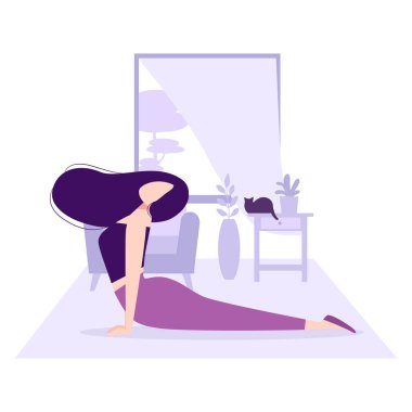 Fitness ve sağlıklı yaşam tarzı. Ev konseptinde kal. Odasında yoga yapan uzun siyah saçlı güzel bir kız ya da pencerenin önündeki dairede. Egzersiz yapan genç kadın. Kediyle egzersiz.
