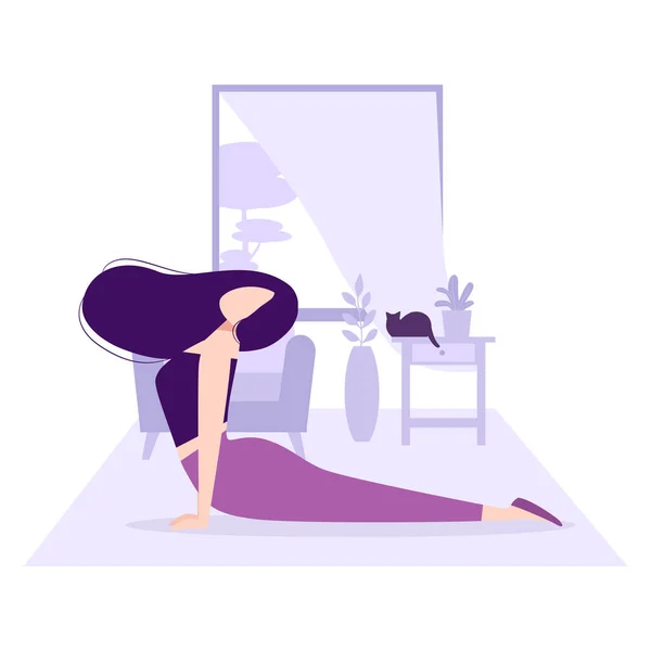 Fitness ve sağlıklı yaşam tarzı. Ev konseptinde kal. Odasında yoga yapan uzun siyah saçlı güzel bir kız ya da pencerenin önündeki dairede. Egzersiz yapan genç kadın. Kediyle egzersiz.