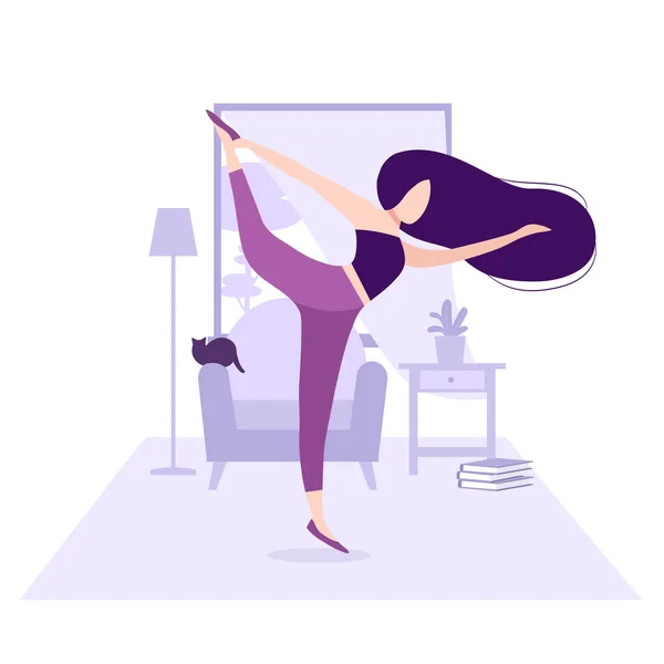 Fitness ve sağlıklı yaşam tarzı. Ev konseptinde kal. Odasında yoga yapan uzun siyah saçlı güzel bir kız ya da pencerenin önündeki dairede. Egzersiz yapan genç kadın. Kediyle egzersiz.