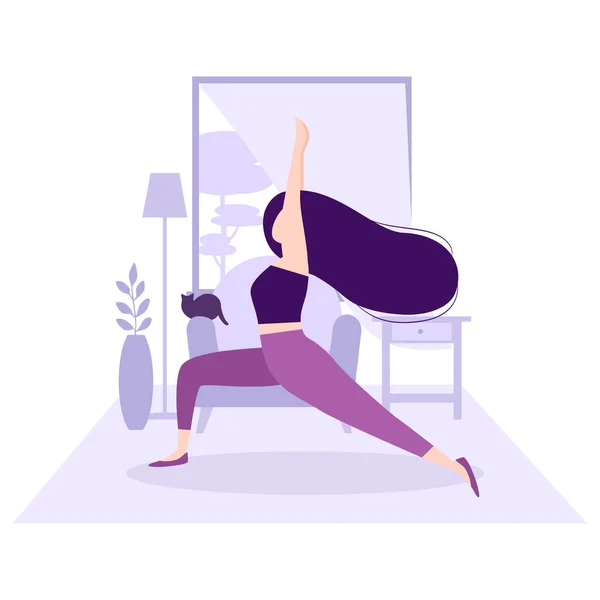 Fitness ve sağlıklı yaşam tarzı. Ev konseptinde kal. Odasında yoga yapan uzun siyah saçlı güzel bir kız ya da pencerenin önündeki dairede. Egzersiz yapan genç kadın. Kediyle egzersiz.