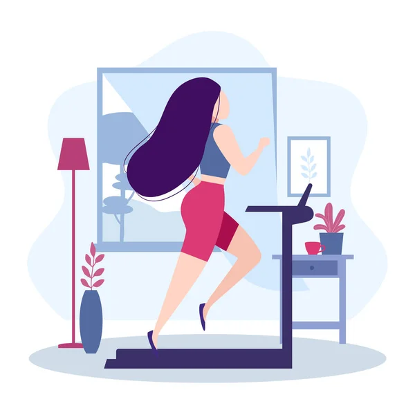 Fitness ve sağlıklı yaşam tarzı. Ev konseptinde kal. Odadaki ya da dairedeki koşu bandında koşan uzun siyah saçlı tombul kız. Kadın pencerenin önünde egzersiz yapıyor. Vektör illüstrasyonu
