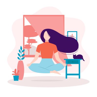 Meditasyon, evde yoga. Uzun siyah saçlı kız lotus pozisyonunda süzülüyor. Rahatlama, dinlenme, sağlıklı yaşam tarzı kavramı. İzole vektör illüstrasyonu