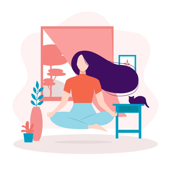 Meditasyon, evde yoga. Uzun siyah saçlı kız lotus pozisyonunda süzülüyor. Rahatlama, dinlenme, sağlıklı yaşam tarzı kavramı. İzole vektör illüstrasyonu