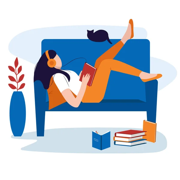 Audiobook Education Knowledge Girl Chilling Sofa Holding Book Listening Lecture — Stock Vector