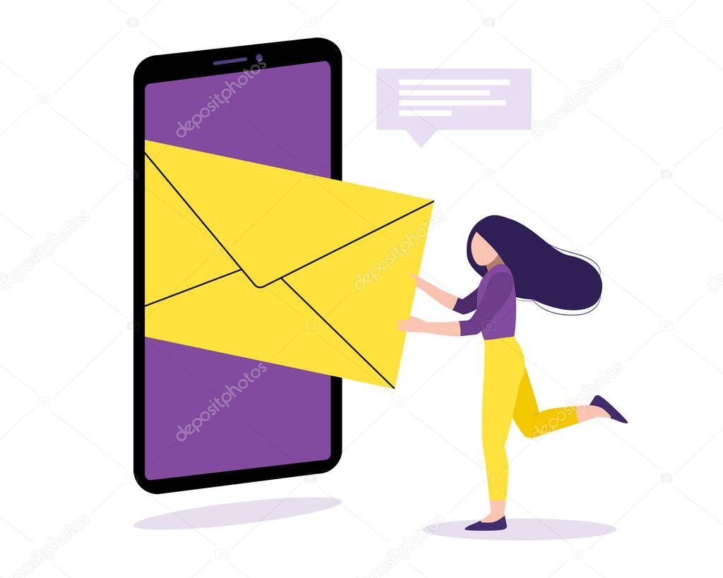 Sending a message, receiving mail. Online talking, network communication. Tiny girl puts huge letter in the phone screen. Vector illustration for chat app, subscribe on the website