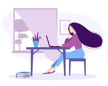 Merkez ofis, ortak çalışma alanı. Odada ya da dairede dizüstü bilgisayarla çalışan güzel bir kız. Serbest çalışan, serbest çalışan, konsept okuyan. İzole vektör illüstrasyonu