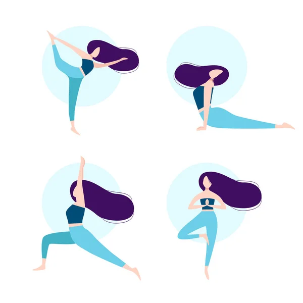 Yoga klipsi sanatı, çeşitli pozlar. Fitness ve sağlıklı yaşam tarzı. Uzun siyah saçlı güzel kız egzersiz yapıyor. Spor programı. İzole vektör illüstrasyonu