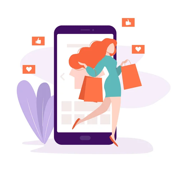 Online shopping. Young girl leaves the store with purchases, bags. Redhead woman buying, ordering clothes by mobile app. Fashion boutique customer. Isolated vector illustration