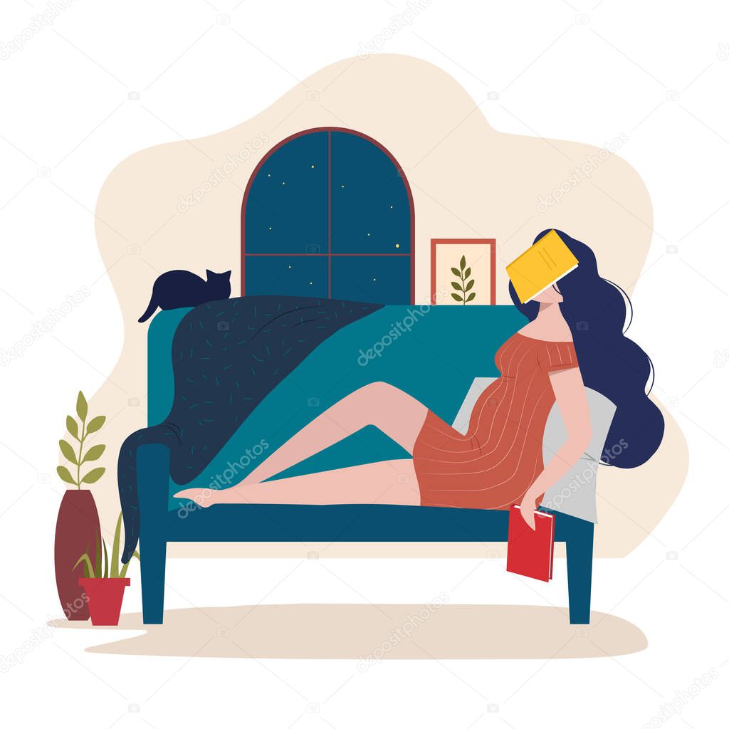Tired pregnant woman resting and sleeping on the sofa with a book on her face. Take a nap while reading. Beauty female character at home interior. Isolated vector illustration
