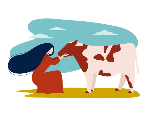 World Vegan and Vegetarian Day. Girl with long hair hugs a cow. Save the animals. Isolated vector illustration
