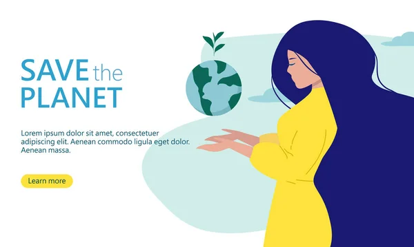 Save the planet. Earth Day. Beauty girl holds globe with sprouting plant in her hands. Environmental protection. Ecology concept. Vector illustration for social poster, banner, landing page