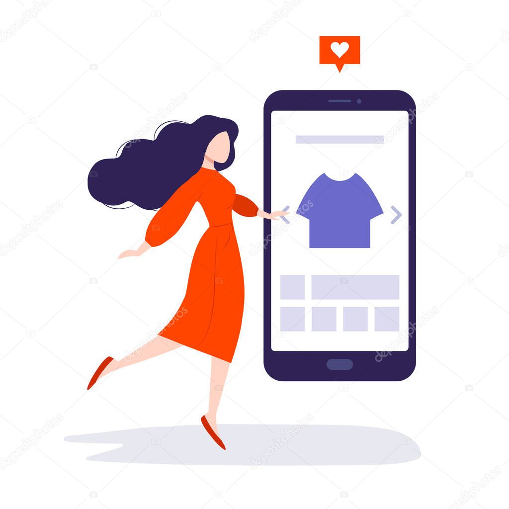 Online shopping. Girl chooses clothes by mobile app. Young woman buying, ordering clothes by internet. Fashion boutique customer. Isolated vector illustration