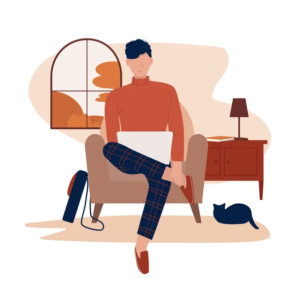 Working at home. Online education. Young stylish man is sitting in the armchair and using laptop in the room or apartment. Freelance worker, self employed, student. Isolated vector illustration