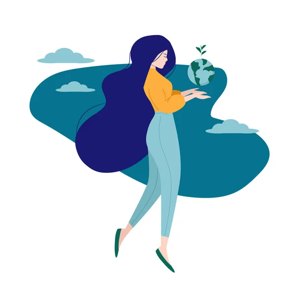 Save the planet. Earth Day. Beautiful girl is holding globe with sprouting plant in her hands and floating in the air. Environmental protection. Ecology concept. Isolated vector illustration