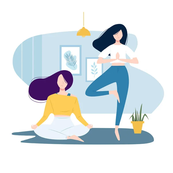 Çift yogası, günlük yaşam. Sağlıklı bir yaşam tarzı. Homoseksüel romantik eşler. İki kız evde egzersiz ve meditasyon yapıyor. Çizgi film tarzında izole vektör illüstrasyonu